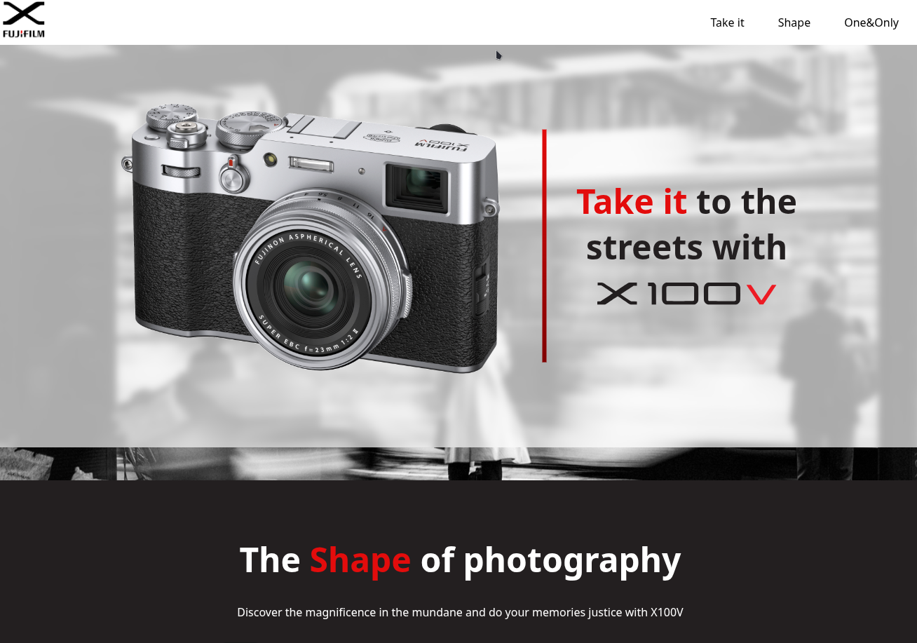 Screenshot of a Fujifilm X100V product landing page with a large camera hero image, blurred black-and-white street background, Fujifilm logo, and red-accent headline text.